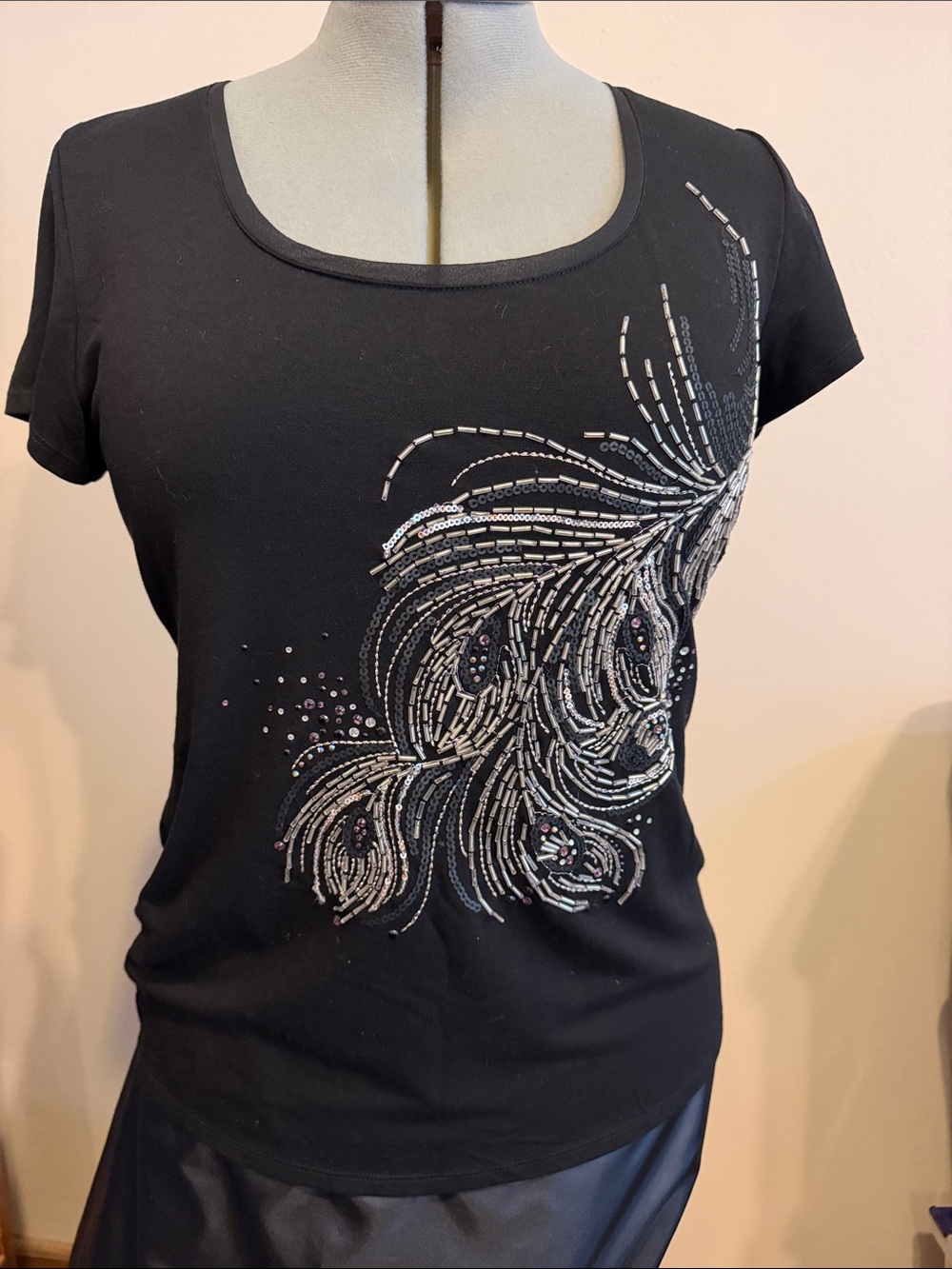 Stunning White House Black Market Embellished Black Scoop Neck Women's Top